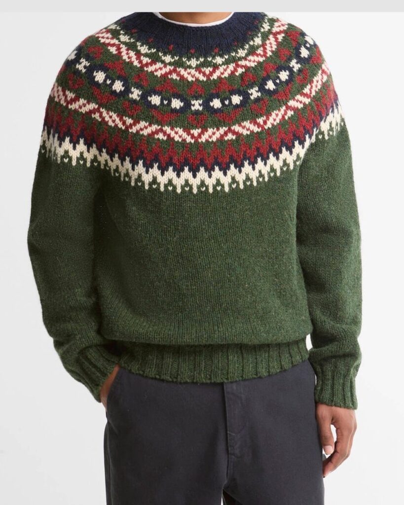 Barbour Scottish Made Fair Isle Crew Neck Jumper in Green