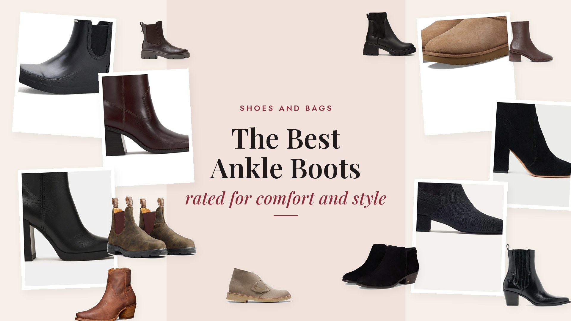 Collage of twenty women's ankle boots, including rustic brown Blundstone Chelsea boots, black Doc Martens lace ups, a sand suede Clarks Desert Boot, a brown Tecovas western bootie, chestnut UGG minis, a black Sorel rain Chelsea, and black heeled booties from Steve Madden and Loeffler Randall.