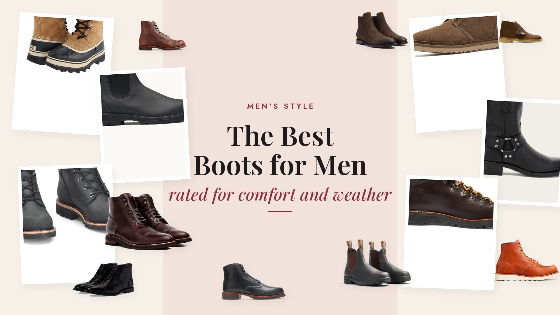 Collage of twenty men's boots, including a brown Thursday Captain lace-up, a stout brown Blundstone Chelsea, an amber Red Wing Iron Ranger, a beeswax Clarks Desert Boot, a black Allen Edmonds cap toe boot, a Tecovas cowboy boot, a brown Danner hiking boot, and buff Sorel snow boots.