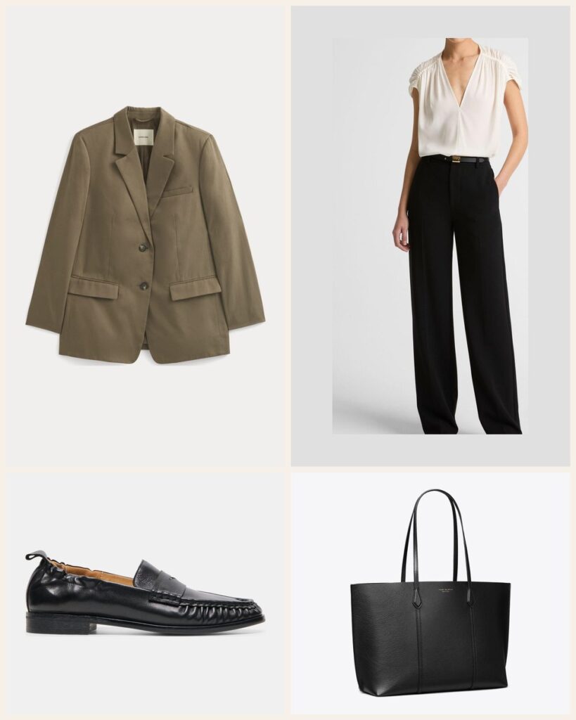 Monday at the Office: A Taupe Blazer Look That Holds Your Laptop and Lunch outfit: Everlane The Oversized Blazer in Buttersmooth, Vince Elsa High-Rise Crepe Straight-Leg Trouser, Dolce Vita Ramzie Loafers, Tory Burch Perry Tote