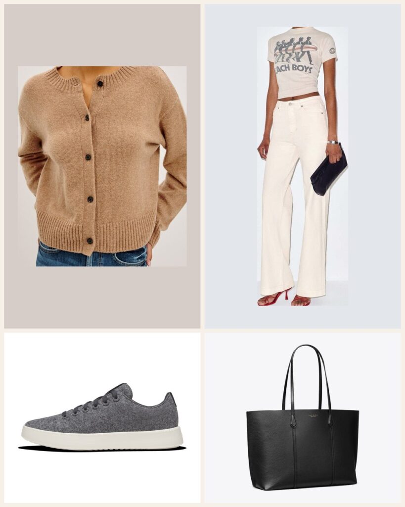 Saturday Errands: A Camel Cardigan Look That Carries the Whole To Do List outfit: Rails Carre Cardigan, Reformation Bex Super Stretch High Rise Wide Leg Jeans, Allbirds Women's Wool Cruiser, Tory Burch Perry Tote