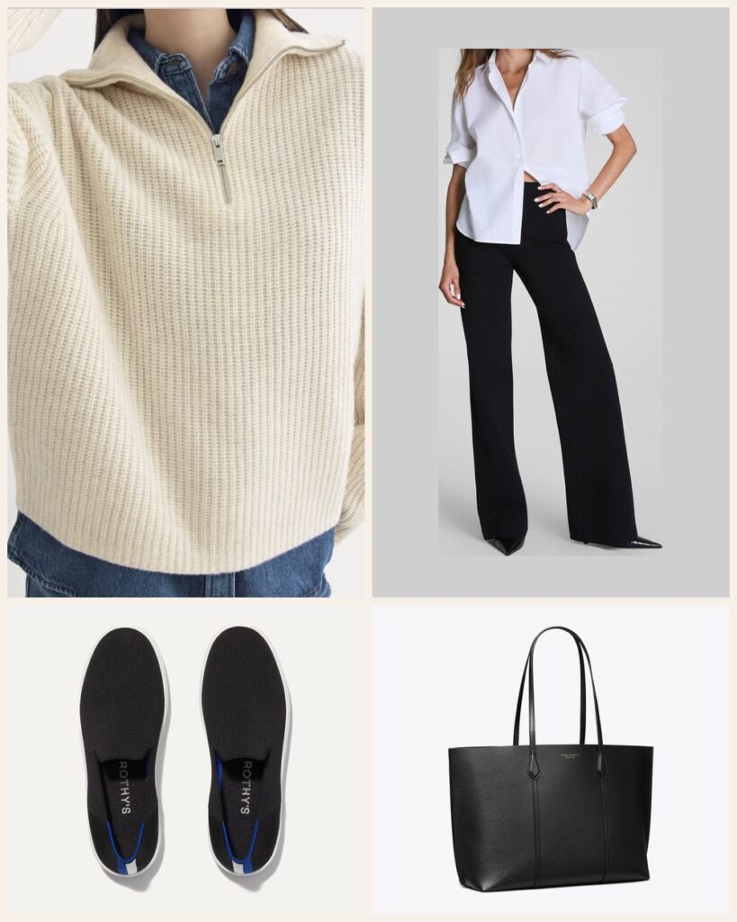 Airport Ready: A Comfy Half Zip Look With Room for Every Carry On Essential outfit: Everlane The Half-Zip Sweater in Luxe Merino, Spanx SPANXsupersmooth PerfectFit Ponte Wide Leg Pant, Rothy's The Original Slip On Sneaker, Tory Burch Perry Tote