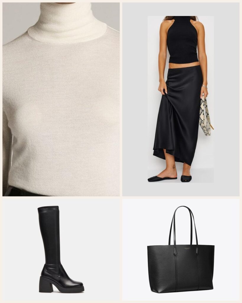 The Dinner Date: An Ivory Turtleneck and Silk Skirt That Make a Tote Feel Dressy outfit: Vince Cashmere-Silk Slim Turtleneck Sweater, Reformation Layla Silk Skirt, Steve Madden Berkleigh, Tory Burch Perry Tote