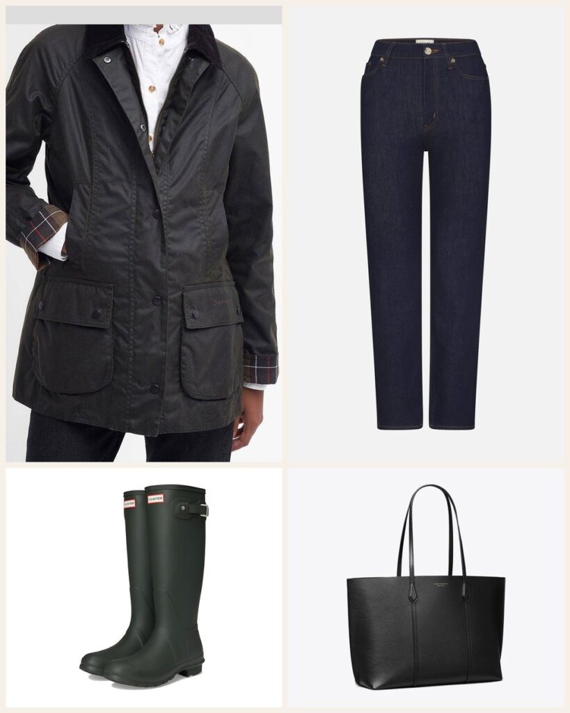 The Rainy Commute: A Waxed Jacket Look That Shrugs Off the Weather outfit: Barbour Classic Beadnell Waxed Jacket, FRAME Le Sleek Straight, Hunter Original Tall Boots, Tory Burch Perry Tote