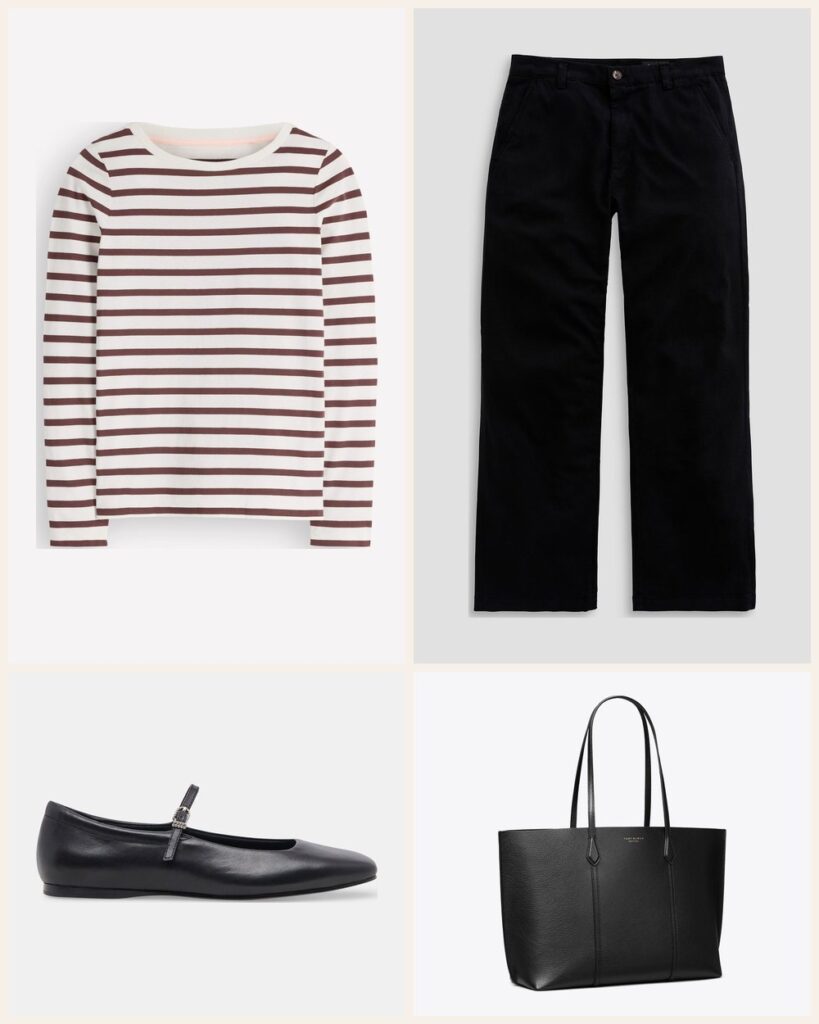 Casual Friday: A Breton Stripe Look With Easy Ballet Flats outfit: Boden Olivia Long Sleeve Breton, AG Jeans Caden Straight Leg Trouser, Dolce Vita Reyes Ballet Flats, Tory Burch Perry Tote