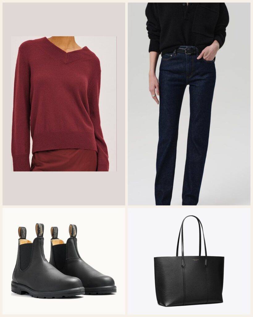 Holiday Shopping: A Crimson Sweater Look Made for Carrying Gifts outfit: Rails Lidya Sweater, Citizens of Humanity Zurie Straight, Blundstone Women's Classics #558, Tory Burch Perry Tote