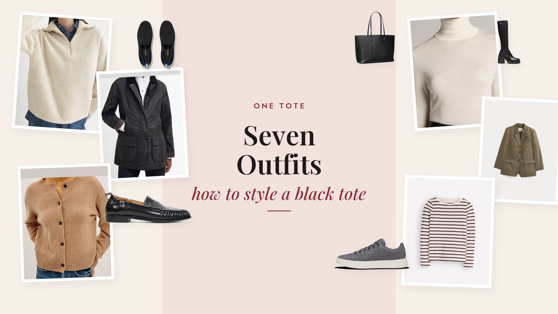 Collage of a black Tory Burch Perry tote with a taupe blazer, camel cardigan, oat half zip sweater, crimson sweater, striped Breton top, olive waxed jacket, jeans, trousers, a black silk skirt, loafers, sneakers, ballet flats, rain boots and Chelsea boots
