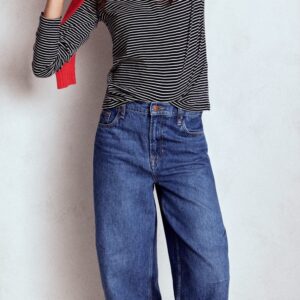 Boden Cotton Crew Long Sleeve Top in Navy, Ivory Stripe