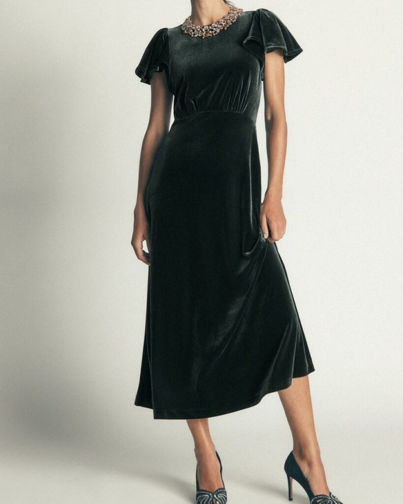 Boden Draped Sleeve Velvet Dress in Midnight Emerald