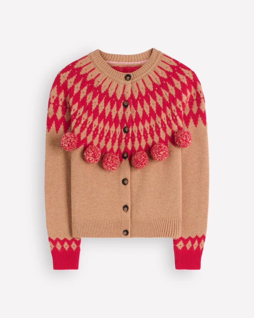 Boden Mae Fair Isle Cardigan in Camel, Red pom pom