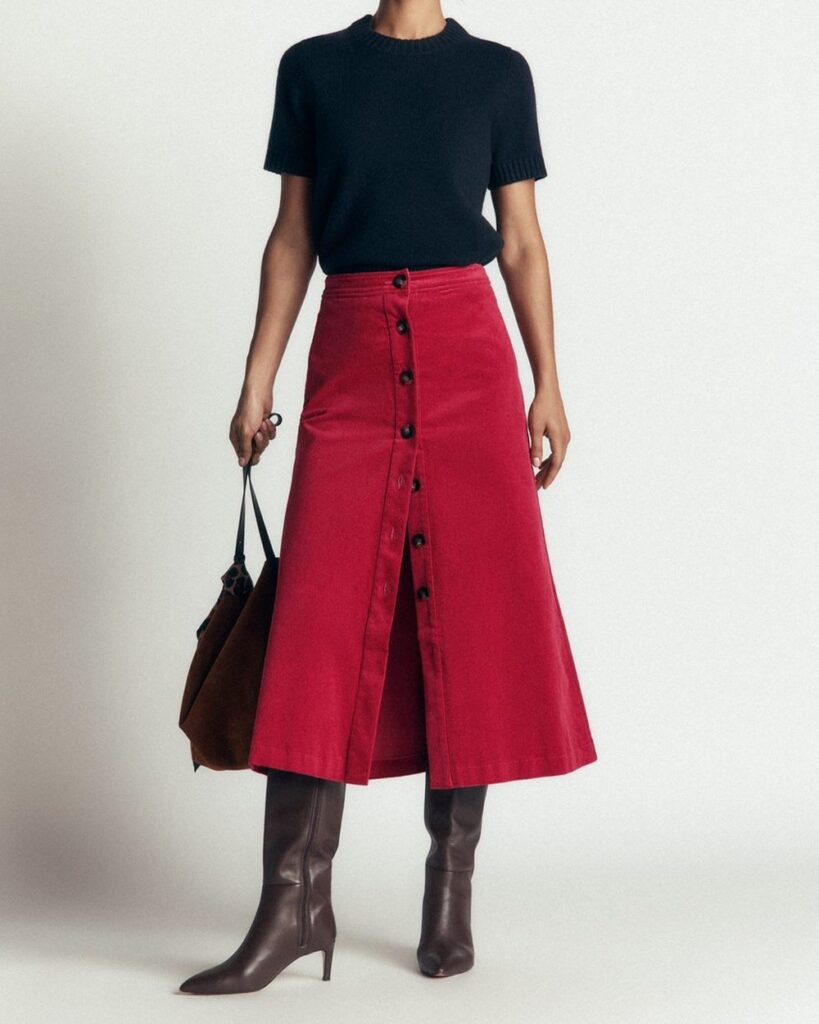 Boden Val Button Cord Midi Skirt in Red Earth