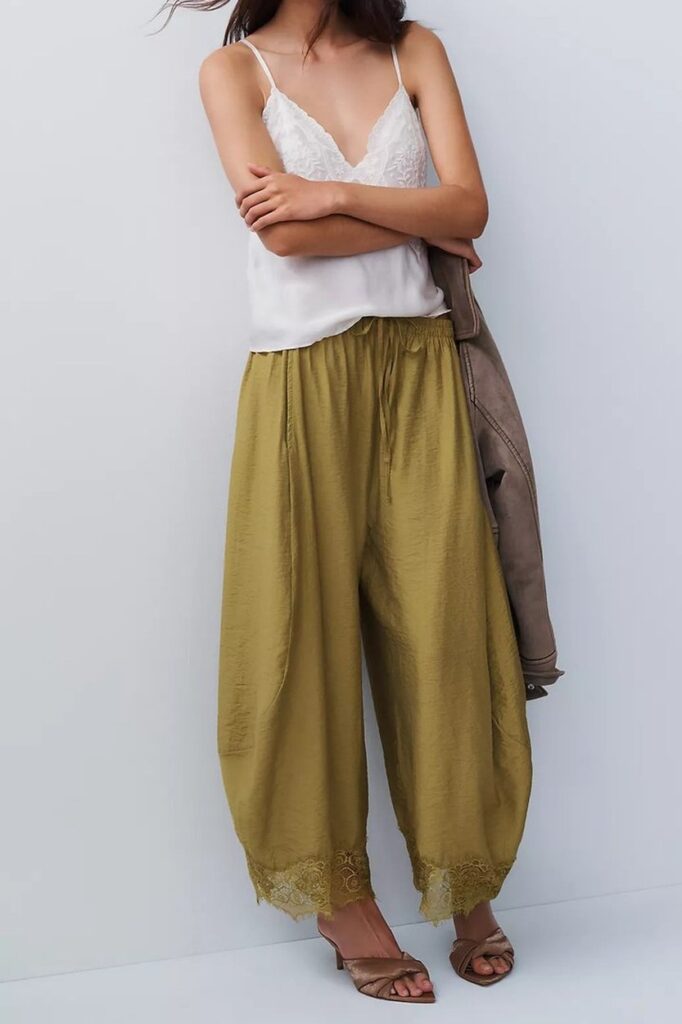 By Anthropologie Reverie Lace Trim Tapered Pants in Chartreuse