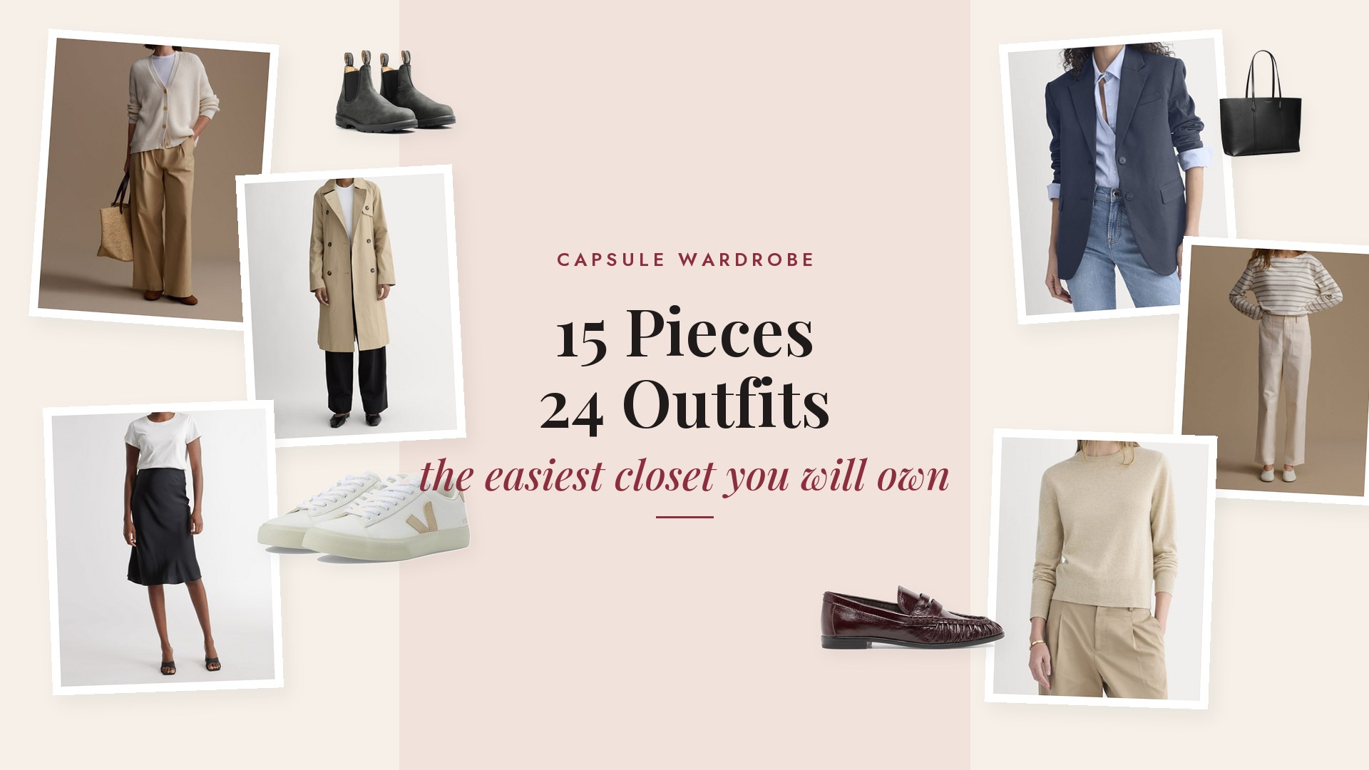 Collage of a camel cashmere sweater, ivory cardigan, black tee, navy and ivory striped Breton, white button-down shirt, navy blazer, khaki trench coat, black ponte pants, ivory trousers, dark straight jeans, black silk midi skirt, white sneakers, oxblood loafers, black Chelsea boots and a black leather tote.