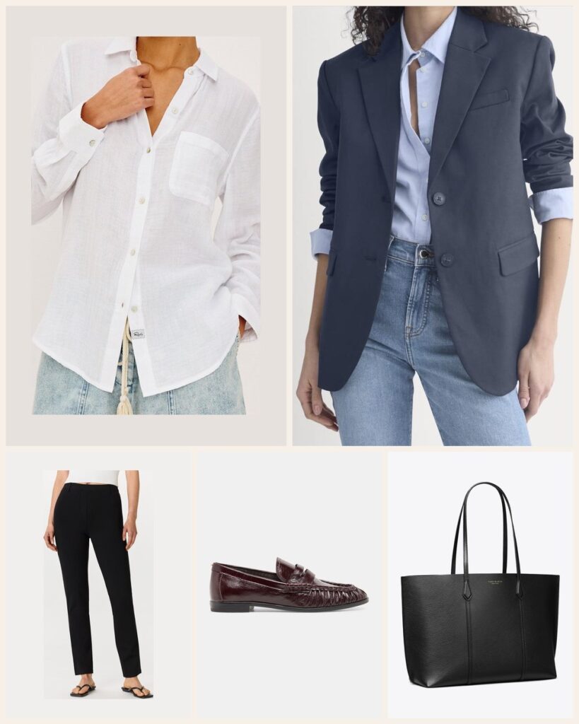The Monday Meeting: A Sharp Blazer Look for Back to Back Calls: Rails Ellis Shirt in White, Everlane Tailored Drape Blazer in Navy, Quince Ultra-Stretch Ponte Straight Leg Pants in Black, Dolce Vita Baxen Loafers in Oxblood Leather, Tory Burch Perry Tote in Black