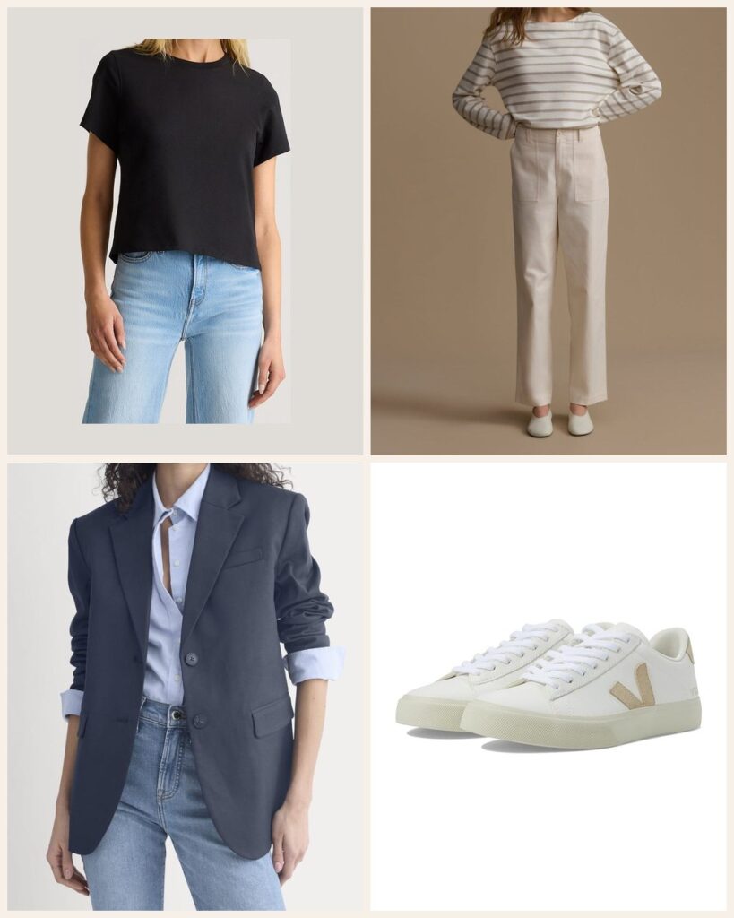 The Gallery Afternoon: A Boxy Tee and Blazer for a Day on Your Feet: Quince 100% Organic Cotton Boxy Crewneck Tee in True Black, Jenni Kayne Beck Trouser in Ivory, Everlane Tailored Drape Blazer in Navy, VEJA Campo in Extra White/Almond