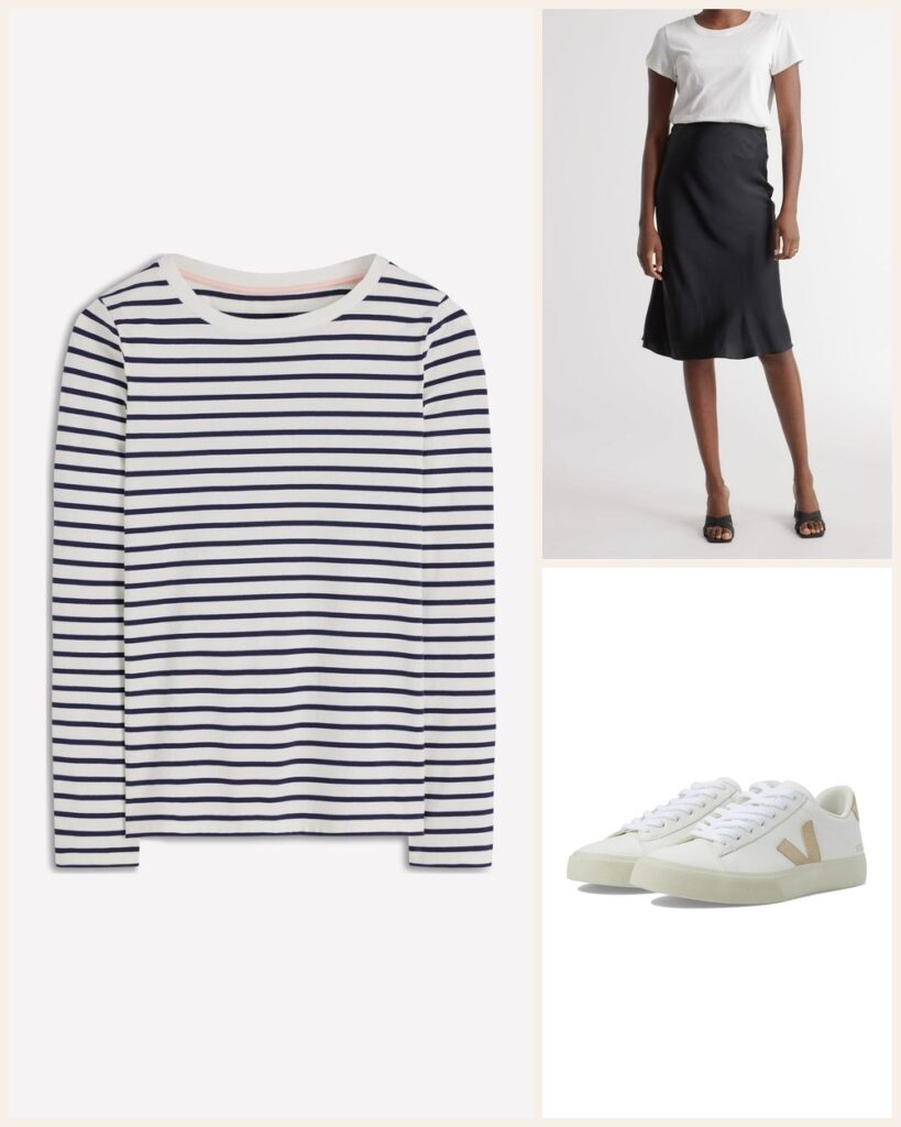 The Sunday Brunch: Stripes and a Silk Skirt With Sneakers: Boden Olivia Long Sleeve Breton in Ivory, Navy, Quince 100% Washable Silk Skirt in Black, VEJA Campo in Extra White/Almond