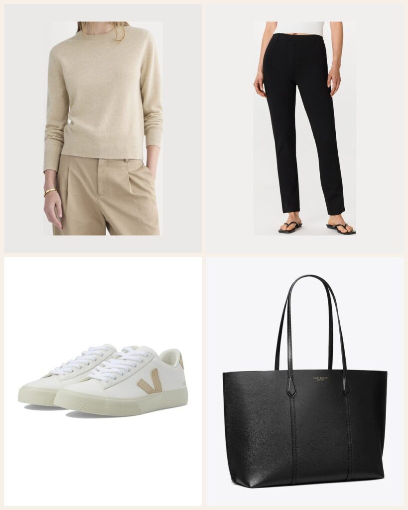 The School Run: Cashmere and Ponte That Feel Like Comfy Clothes: Everlane Cashmere Slim Crew Sweater in Heather Light Camel, Quince Ultra-Stretch Ponte Straight Leg Pants in Black, VEJA Campo in Extra White/Almond, Tory Burch Perry Tote in Black