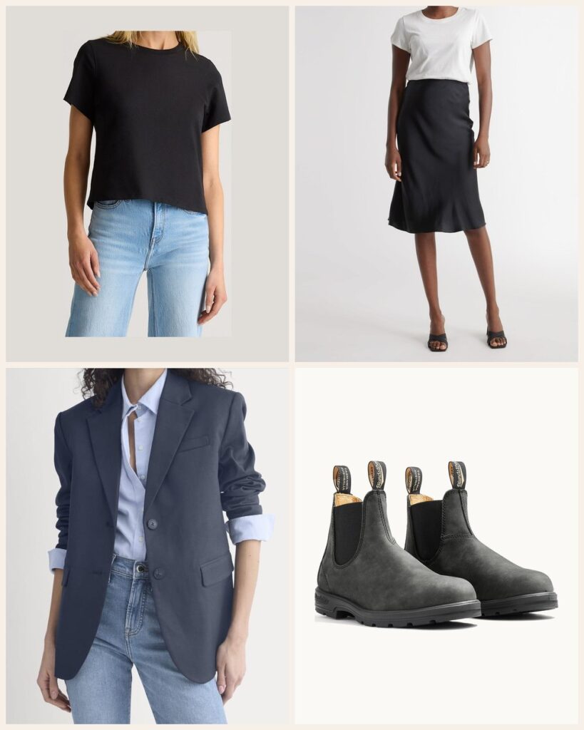 The Late Dinner Out: All Black With a Blazer Over the Shoulders: Quince 100% Organic Cotton Boxy Crewneck Tee in True Black, Quince 100% Washable Silk Skirt in Black, Everlane Tailored Drape Blazer in Navy, Blundstone Women's Classics #587 in Rustic Black