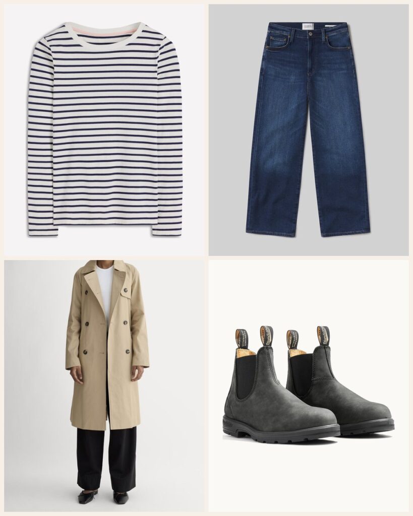 The Weekend Away: A Breton and Trench That Pack Into One Bag: Boden Olivia Long Sleeve Breton in Ivory, Navy, Citizens of Humanity Caia Straight in Pierre, Everlane The Modern Trench Coat in Cornstalk, Blundstone Women's Classics #587 in Rustic Black