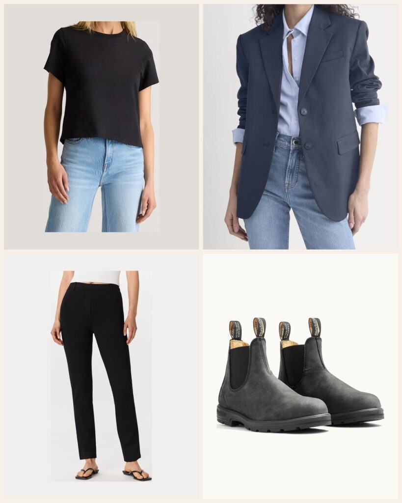 The Presentation Day: A Sleek Tee and Ponte Take on a Suit: Quince 100% Organic Cotton Boxy Crewneck Tee in True Black, Everlane Tailored Drape Blazer in Navy, Quince Ultra-Stretch Ponte Straight Leg Pants in Black, Blundstone Women's Classics #587 in Rustic Black