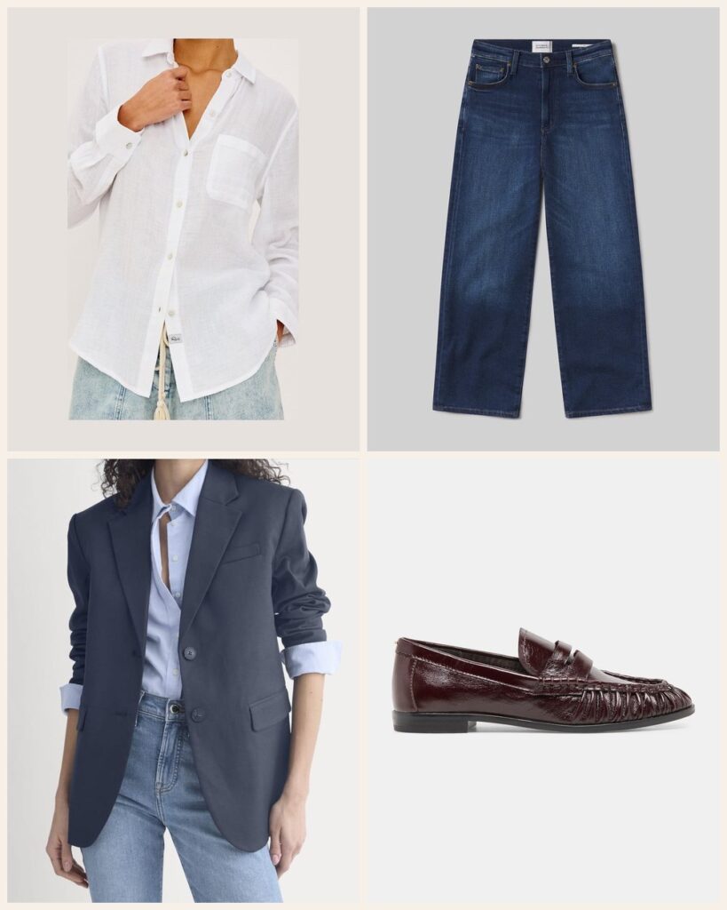 The Casual Friday: A Shirt and Blazer That Dress Up Your Jeans: Rails Ellis Shirt in White, Citizens of Humanity Caia Straight in Pierre, Everlane Tailored Drape Blazer in Navy, Dolce Vita Baxen Loafers in Oxblood Leather