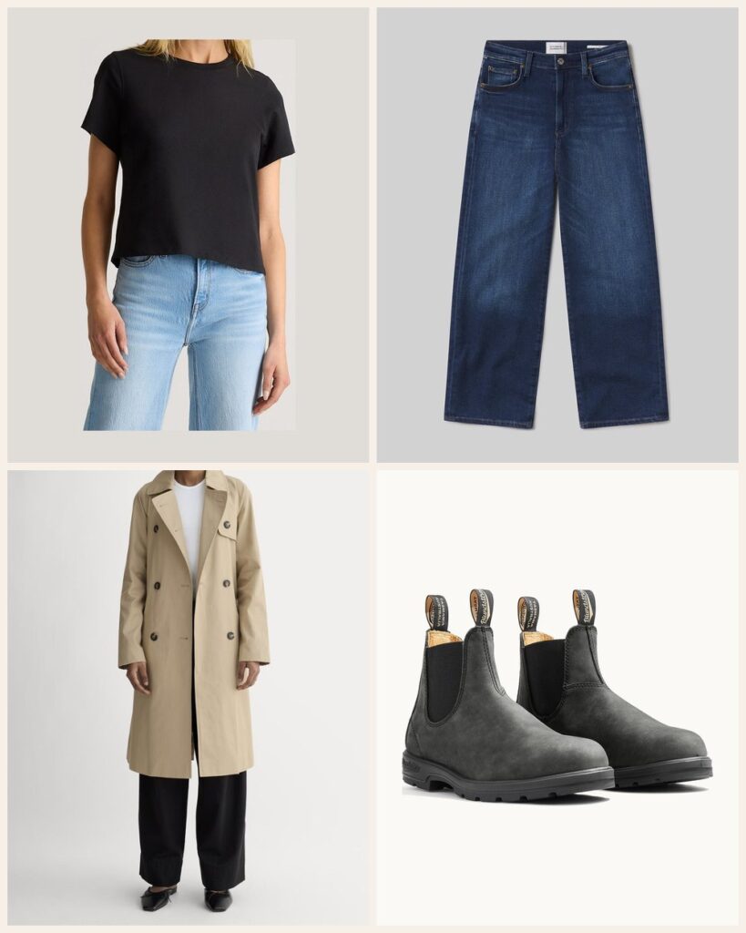 The Rainy Saturday: Tee and Jeans Under a Trench, Boots On: Quince 100% Organic Cotton Boxy Crewneck Tee in True Black, Citizens of Humanity Caia Straight in Pierre, Everlane The Modern Trench Coat in Cornstalk, Blundstone Women's Classics #587 in Rustic Black