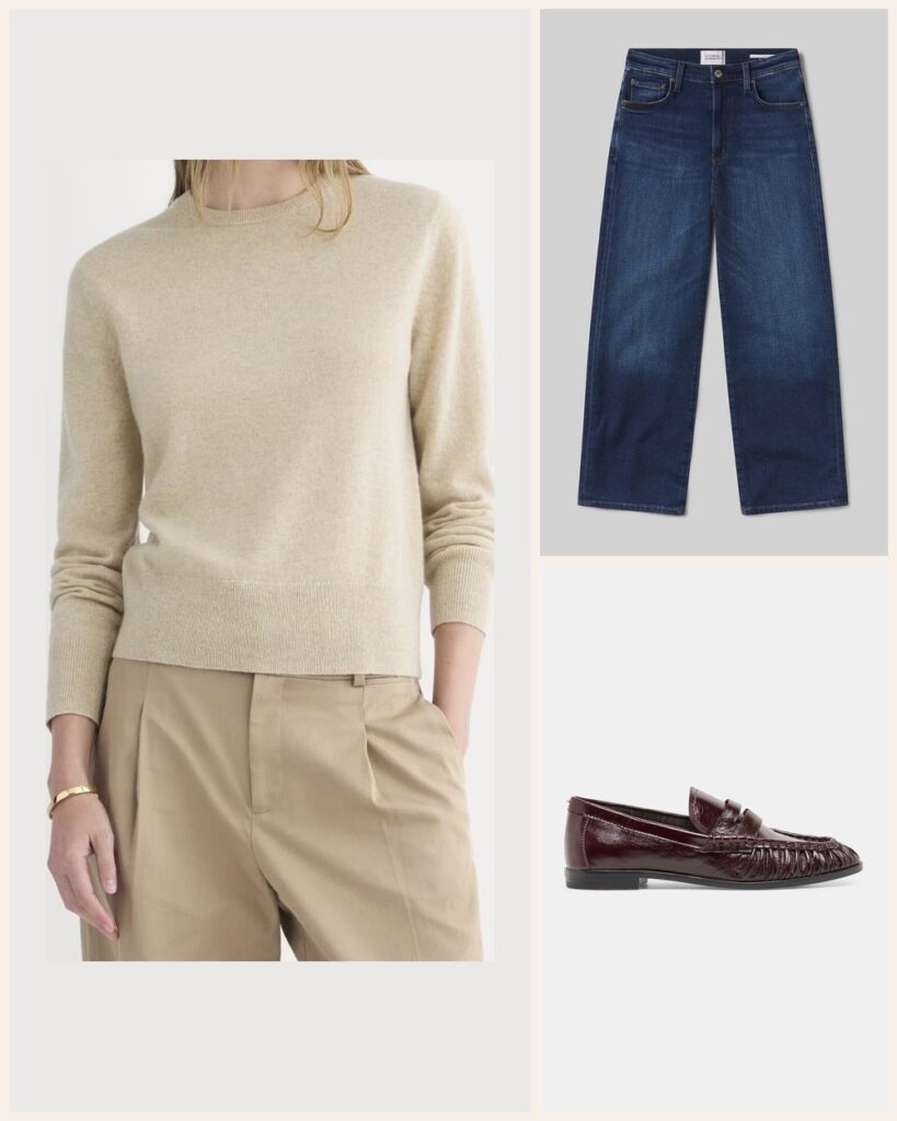 The Bookstore Date: Camel Cashmere and Denim for a Low Key Night: Everlane Cashmere Slim Crew Sweater in Heather Light Camel, Citizens of Humanity Caia Straight in Pierre, Dolce Vita Baxen Loafers in Oxblood Leather