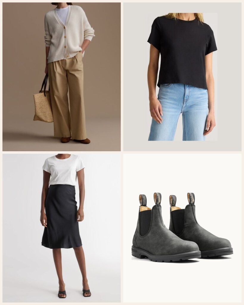 The Wine Bar: A Soft Cardigan Over a Black Silk Skirt: Jenni Kayne Cotton Cocoon Cardigan in Ivory, Quince 100% Organic Cotton Boxy Crewneck Tee in True Black, Quince 100% Washable Silk Skirt in Black, Blundstone Women's Classics #587 in Rustic Black
