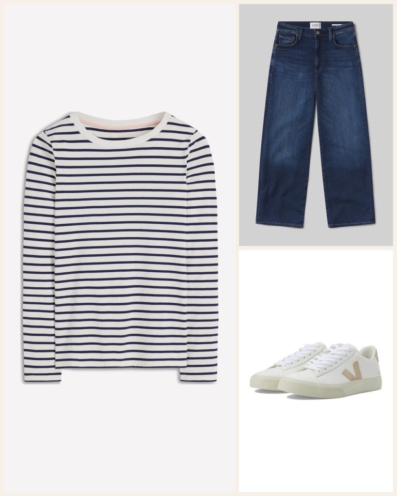 The Saturday Coffee Run: Stripes, Denim and Clean White Sneakers: Boden Olivia Long Sleeve Breton in Ivory, Navy, Citizens of Humanity Caia Straight in Pierre, VEJA Campo in Extra White/Almond