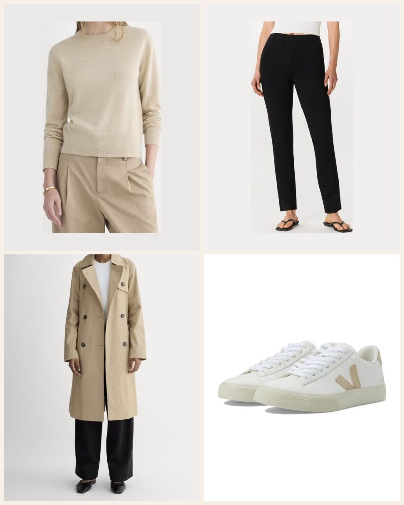 The Long Haul Flight: Stretchy Layers for Hours in a Seat: Everlane Cashmere Slim Crew Sweater in Heather Light Camel, Quince Ultra-Stretch Ponte Straight Leg Pants in Black, Everlane The Modern Trench Coat in Cornstalk, VEJA Campo in Extra White/Almond