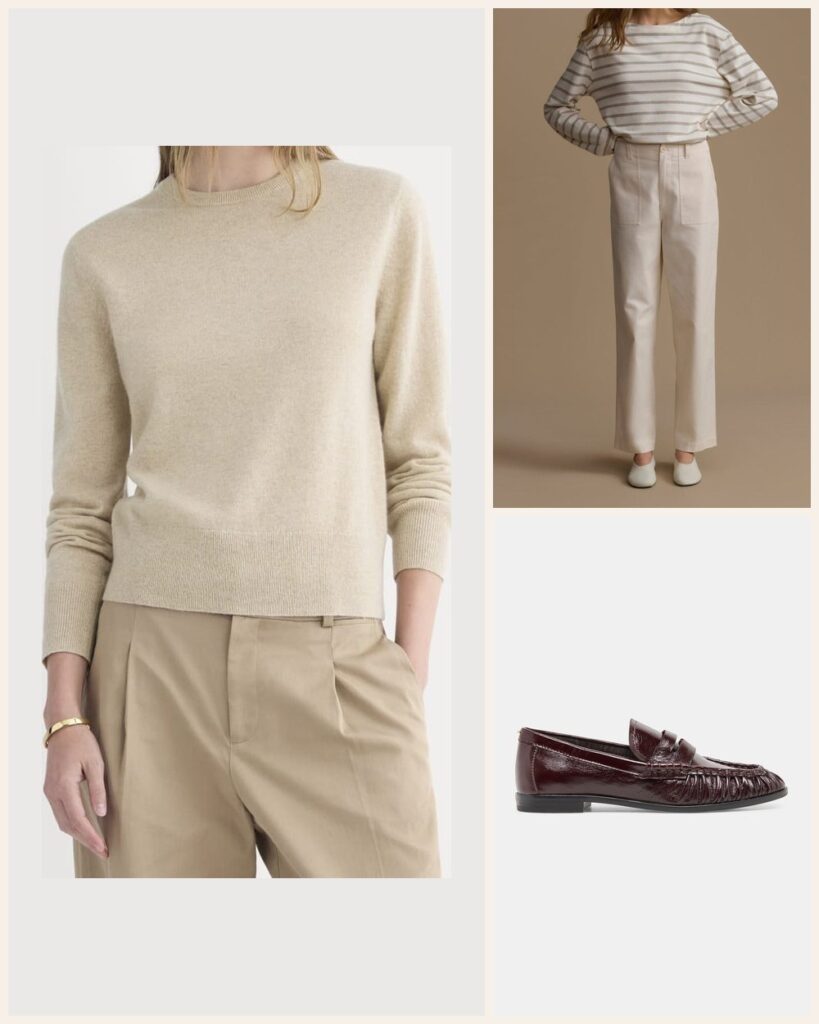 The Family Dinner: Warm Camel and Ivory for the Photos: Everlane Cashmere Slim Crew Sweater in Heather Light Camel, Jenni Kayne Beck Trouser in Ivory, Dolce Vita Baxen Loafers in Oxblood Leather