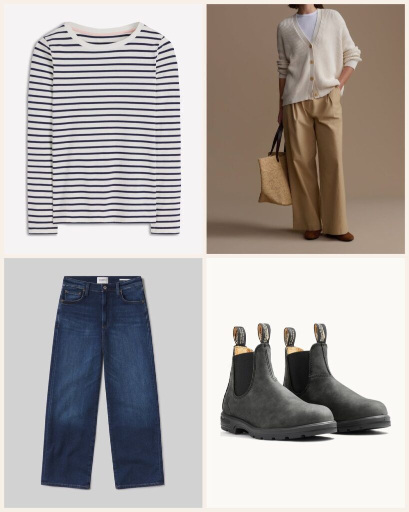 The Cold Morning Walk: A Cardigan Over Stripes With Boots: Boden Olivia Long Sleeve Breton in Ivory, Navy, Jenni Kayne Cotton Cocoon Cardigan in Ivory, Citizens of Humanity Caia Straight in Pierre, Blundstone Women's Classics #587 in Rustic Black