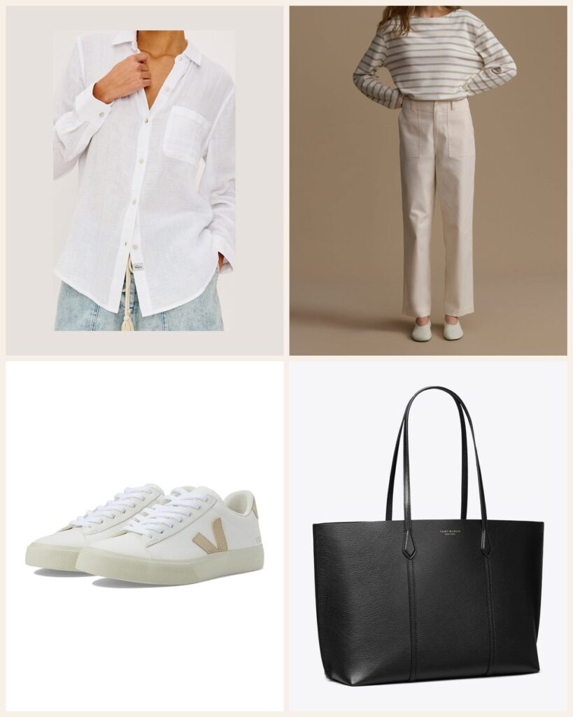 The Errand Loop: A Fresh White Shirt and Ivory Trousers: Rails Ellis Shirt in White, Jenni Kayne Beck Trouser in Ivory, VEJA Campo in Extra White/Almond, Tory Burch Perry Tote in Black