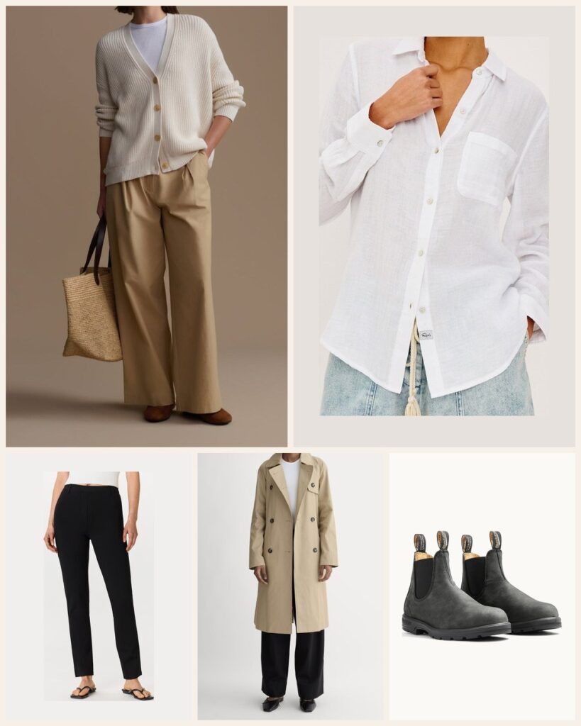 The First Frost: Every Layer You Own, Piled On Warm: Jenni Kayne Cotton Cocoon Cardigan in Ivory, Rails Ellis Shirt in White, Quince Ultra-Stretch Ponte Straight Leg Pants in Black, Everlane The Modern Trench Coat in Cornstalk, Blundstone Women's Classics #587 in Rustic Black