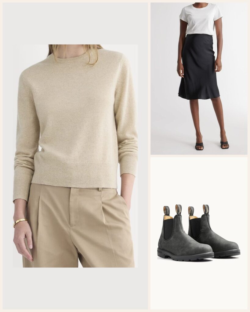 The Silk and Cashmere Date: Soft Knit Meets Satin Shine: Everlane Cashmere Slim Crew Sweater in Heather Light Camel, Quince 100% Washable Silk Skirt in Black, Blundstone Women's Classics #587 in Rustic Black