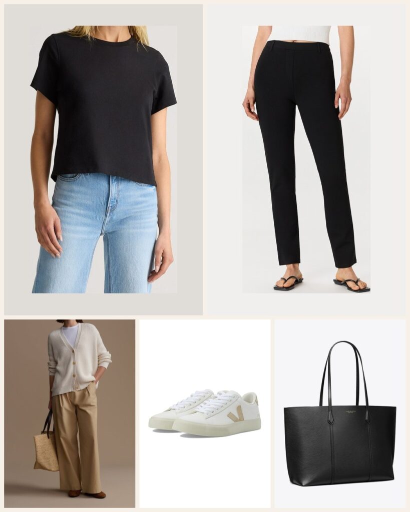 The Airport Easy: Comfy Layers That Still Look Put Together: Quince 100% Organic Cotton Boxy Crewneck Tee in True Black, Quince Ultra-Stretch Ponte Straight Leg Pants in Black, Jenni Kayne Cotton Cocoon Cardigan in Ivory, VEJA Campo in Extra White/Almond, Tory Burch Perry Tote in Black