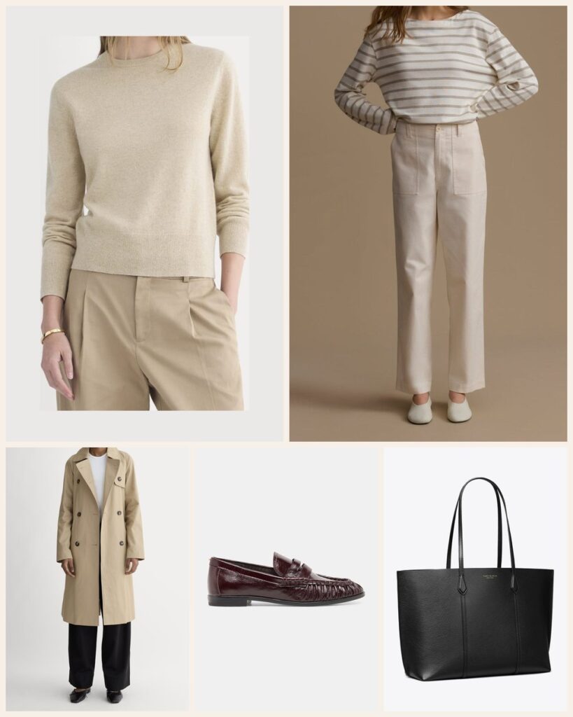The Rainy Commute: A Tonal Camel and Ivory Mix Under a Trench: Everlane Cashmere Slim Crew Sweater in Heather Light Camel, Jenni Kayne Beck Trouser in Ivory, Everlane The Modern Trench Coat in Cornstalk, Dolce Vita Baxen Loafers in Oxblood Leather, Tory Burch Perry Tote in Black
