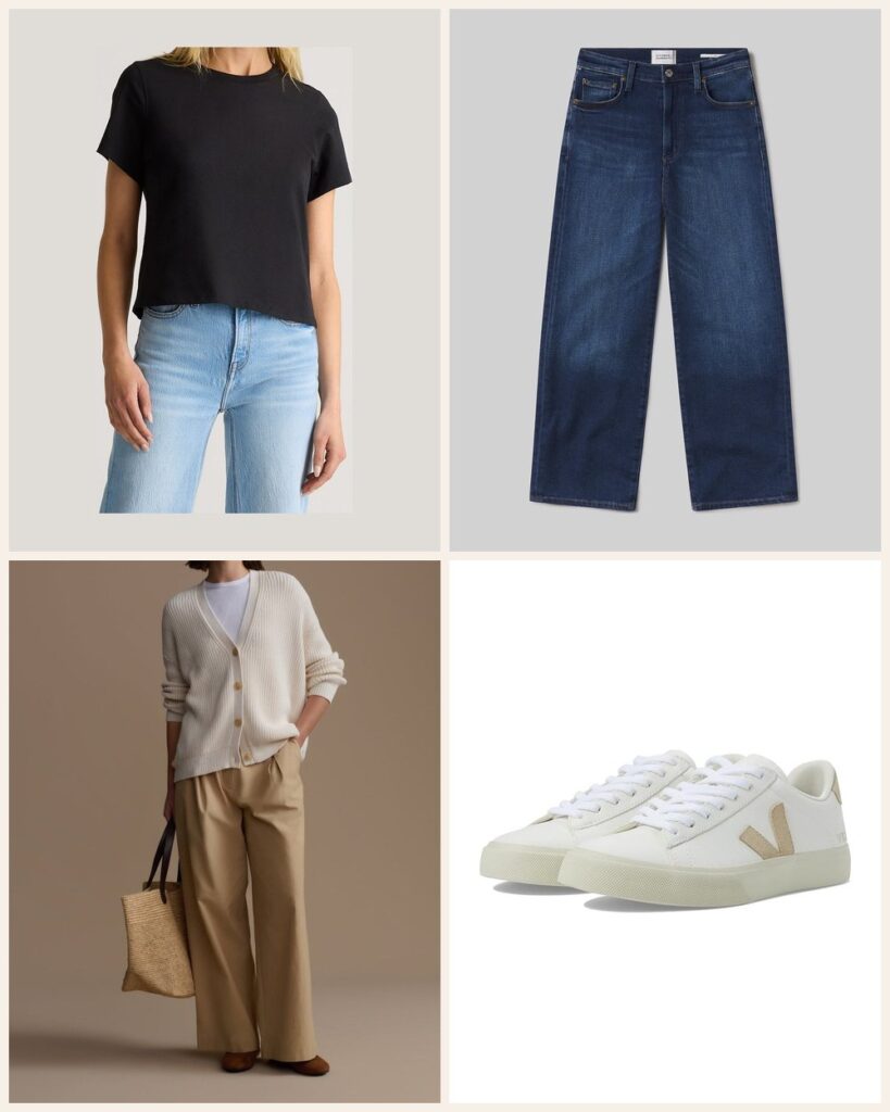 The Farmers Market Morning: A Black Tee, Dark Denim and an Easy Cardigan: Quince 100% Organic Cotton Boxy Crewneck Tee in True Black, Citizens of Humanity Caia Straight in Pierre, Jenni Kayne Cotton Cocoon Cardigan in Ivory, VEJA Campo in Extra White/Almond