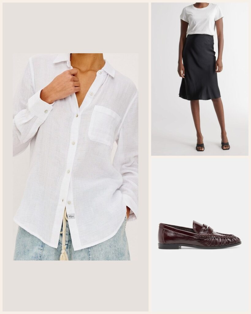The Dinner With Friends: A Crisp Shirt Tucked Into a Silk Skirt: Rails Ellis Shirt in White, Quince 100% Washable Silk Skirt in Black, Dolce Vita Baxen Loafers in Oxblood Leather