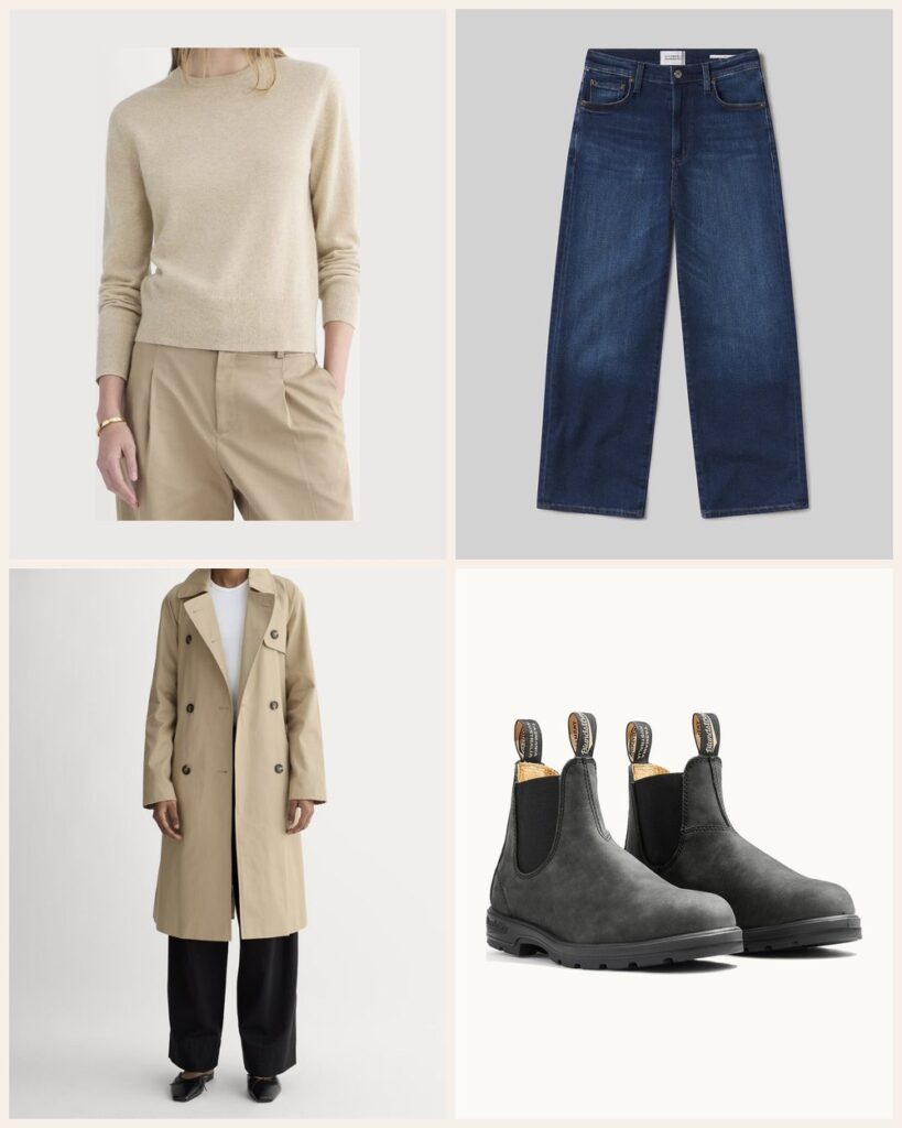 The Cold Snap: Cashmere and a Trench When the Temperature Drops: Everlane Cashmere Slim Crew Sweater in Heather Light Camel, Citizens of Humanity Caia Straight in Pierre, Everlane The Modern Trench Coat in Cornstalk, Blundstone Women's Classics #587 in Rustic Black