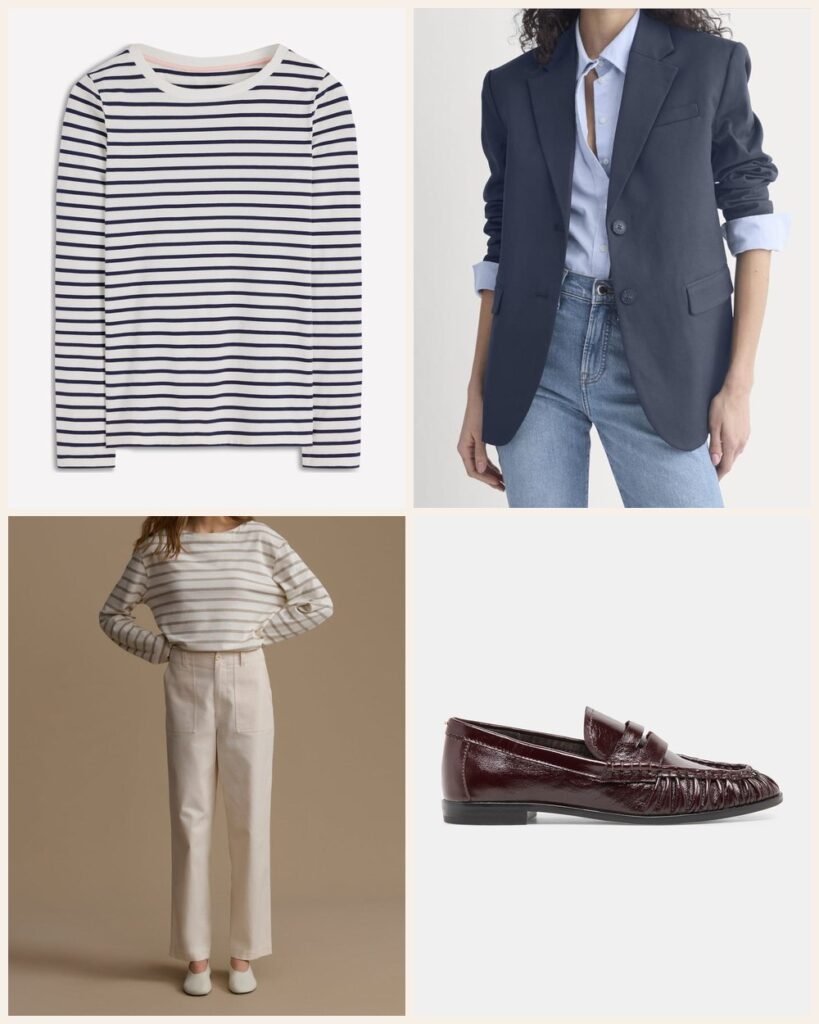 The Client Lunch: A French Girl Breton Under a Navy Blazer: Boden Olivia Long Sleeve Breton in Ivory, Navy, Everlane Tailored Drape Blazer in Navy, Jenni Kayne Beck Trouser in Ivory, Dolce Vita Baxen Loafers in Oxblood Leather