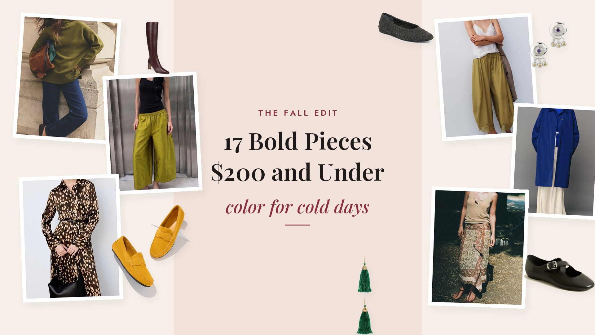 Collage of 17 colorful fall pieces for $200 and under, including amber suede moccasins, chartreuse pants, a cobalt sweater and burgundy knee high boots