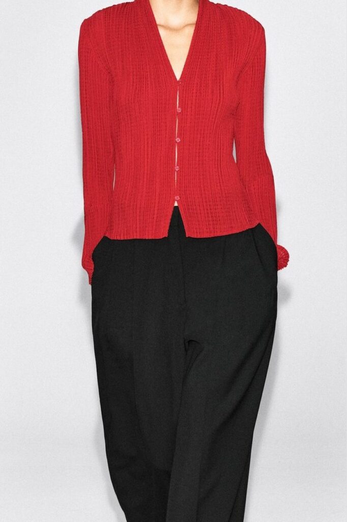 COS Pleated Jacquard Cardigan in Red
