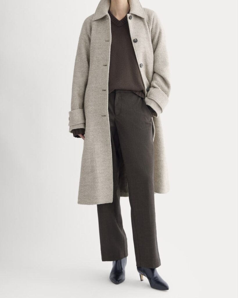Everlane Italian Belted Overcoat in Taupe Herringbone