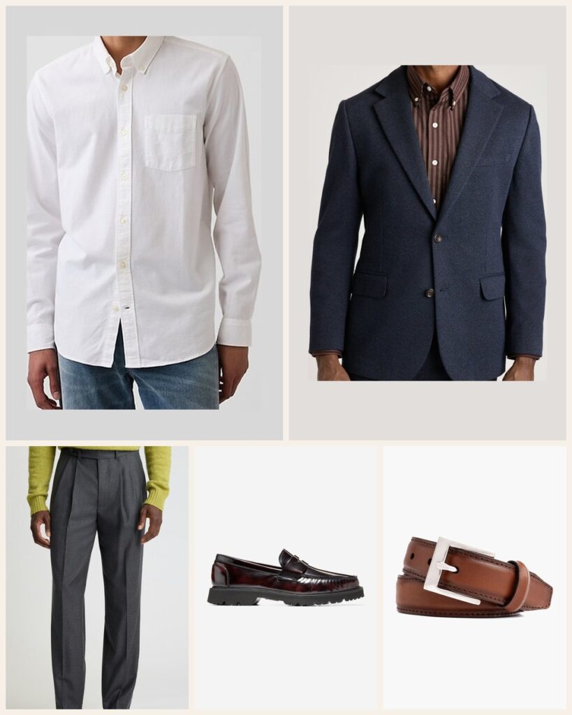 The Monday Meeting: A Sharp Blazer Look for a Full Calendar: Gap Oxford Button-Down Shirt in White, Bonobos Jetsetter Knit Blazer in Navy Marl Twill, Bonobos Italian Pleated Wool Trouser in Charcoal, Cole Haan American Classics Penny Loafer in Deep Burgundy-Black, Thursday Boot Company Men's Classic Leather Belt in Brandy