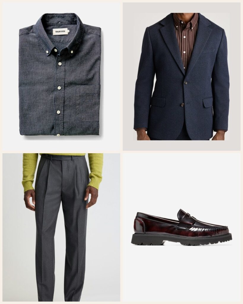 The Wine Bar: Tonal Blues With a Pleated Trouser: Taylor Stitch The Jack in Rinsed Indigo Chambray in Rinsed Indigo Chambray, Bonobos Jetsetter Knit Blazer in Navy Marl Twill, Bonobos Italian Pleated Wool Trouser in Charcoal, Cole Haan American Classics Penny Loafer in Deep Burgundy-Black