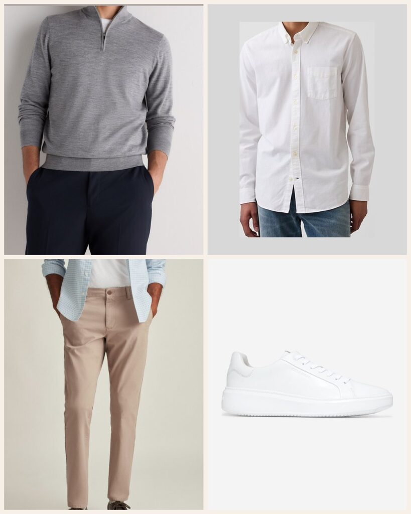 The Red Eye: Land Ready for a Meeting Without Changing: Quince Worsted Wool Quarterzip in Light Heather Grey, Gap Oxford Button-Down Shirt in White, Bonobos The Chino 2.0 in The Khakis, Cole Haan GrandPro Topspin Sneaker in Optic White