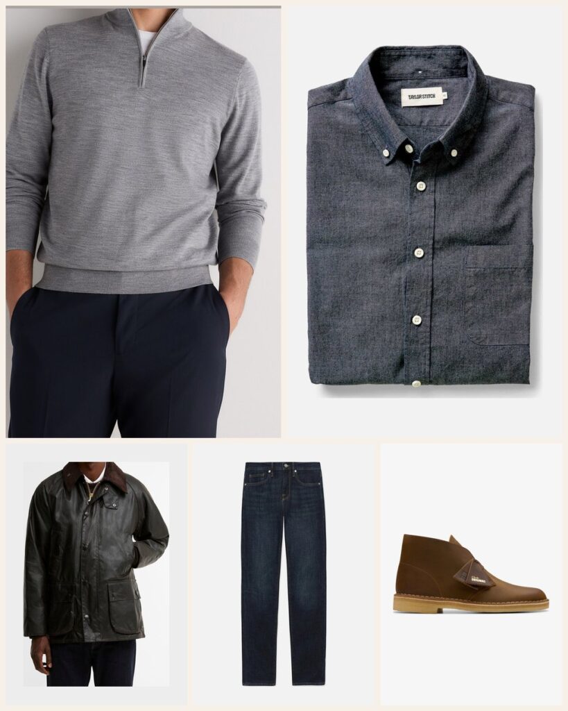 The Cold Weekend Walk: Three Layers You Can Peel Off by Noon: Quince Worsted Wool Quarterzip in Light Heather Grey, Taylor Stitch The Jack in Rinsed Indigo Chambray in Rinsed Indigo Chambray, Barbour Bedale Waxed Jacket in Rustic, Frame L'Homme Slim in Baltic, Clarks Desert Boot in Beeswax Leather