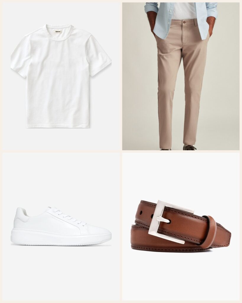 The Coffee and Groceries Loop: A Clean Tee and Chino Uniform: Taylor Stitch The Organic Cotton Shop Tee in White, Bonobos The Chino 2.0 in The Khakis, Cole Haan GrandPro Topspin Sneaker in Optic White, Thursday Boot Company Men's Classic Leather Belt in Brandy