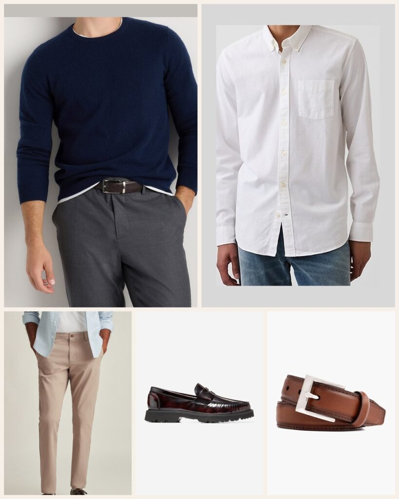 The Client Lunch: Cashmere and Khakis Without the Jacket: Quince Mongolian Cashmere Crewneck Sweater in True Navy, Gap Oxford Button-Down Shirt in White, Bonobos The Chino 2.0 in The Khakis, Cole Haan American Classics Penny Loafer in Deep Burgundy-Black, Thursday Boot Company Men's Classic Leather Belt in Brandy